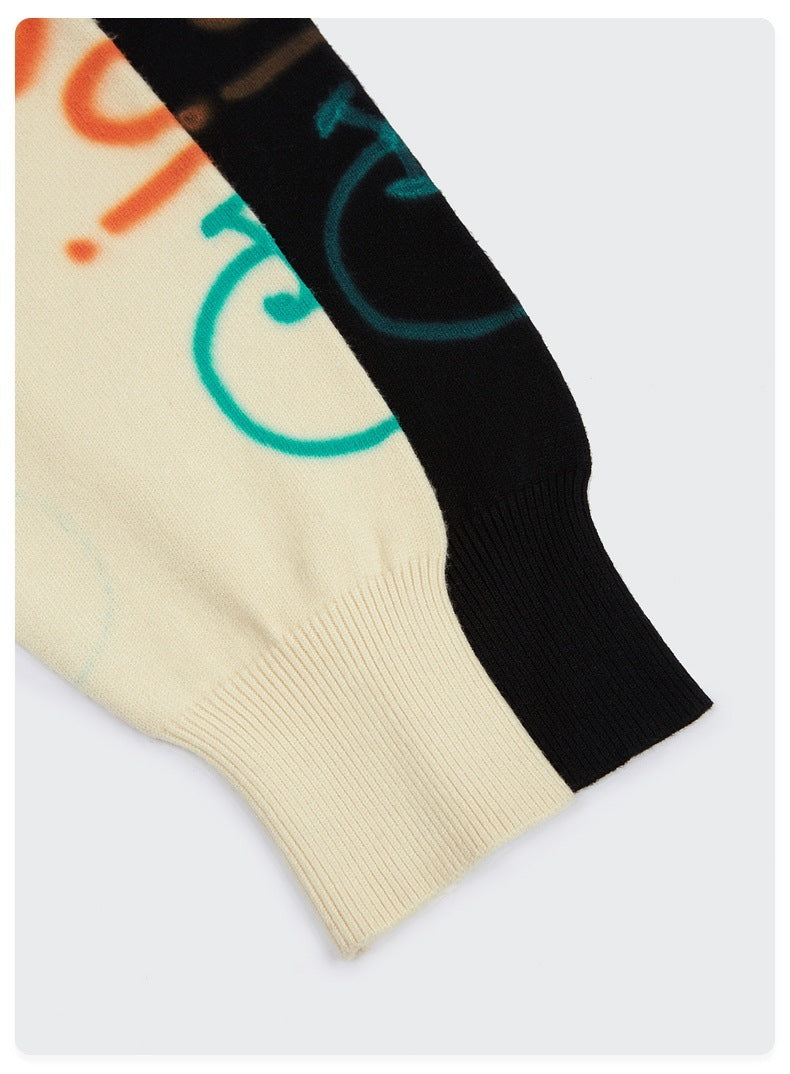 Men's Graffiti Print Loose Knit Sweater in Black & Apricot