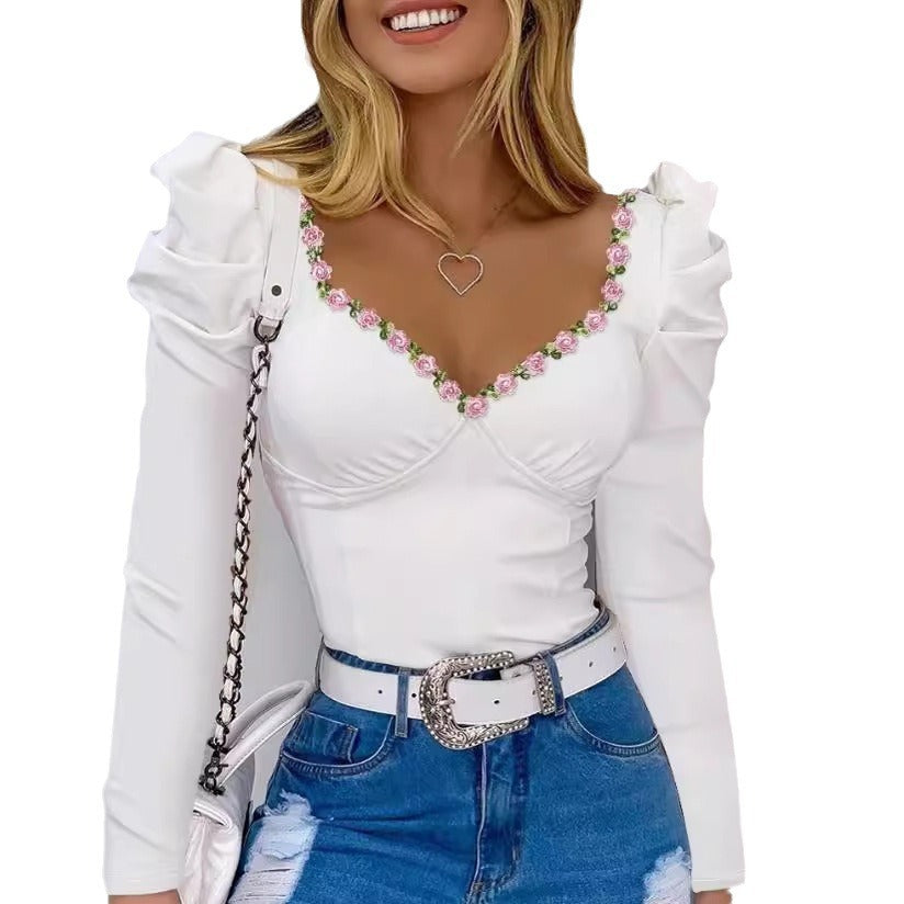 Women's Lace Ribbon Puff Sleeve Long Sleeve Top