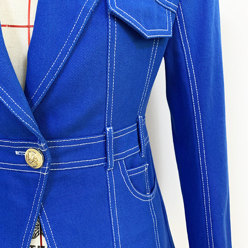 Cotton Denim Suit Jacket with Suit Collar and Wrap Sleeves