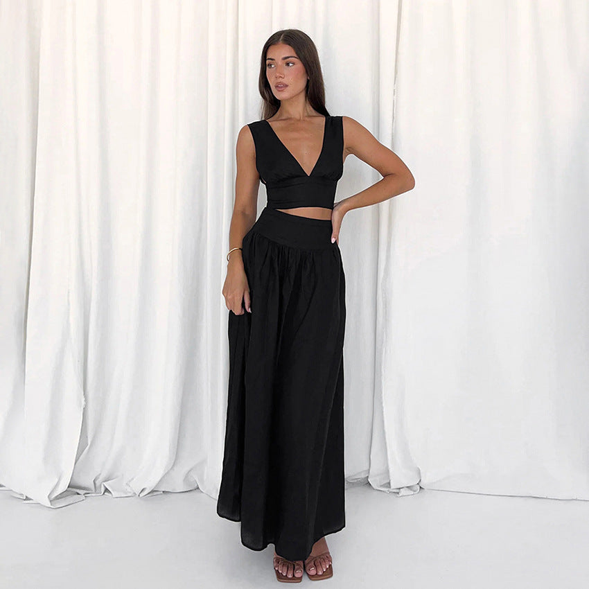 Black Cotton Linen Vest High Waist A-Line Dress Two-Piece Set for Women