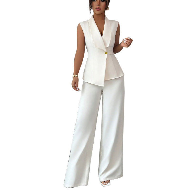 Solid Color Vest and Straight-Leg Trousers Suit for Women