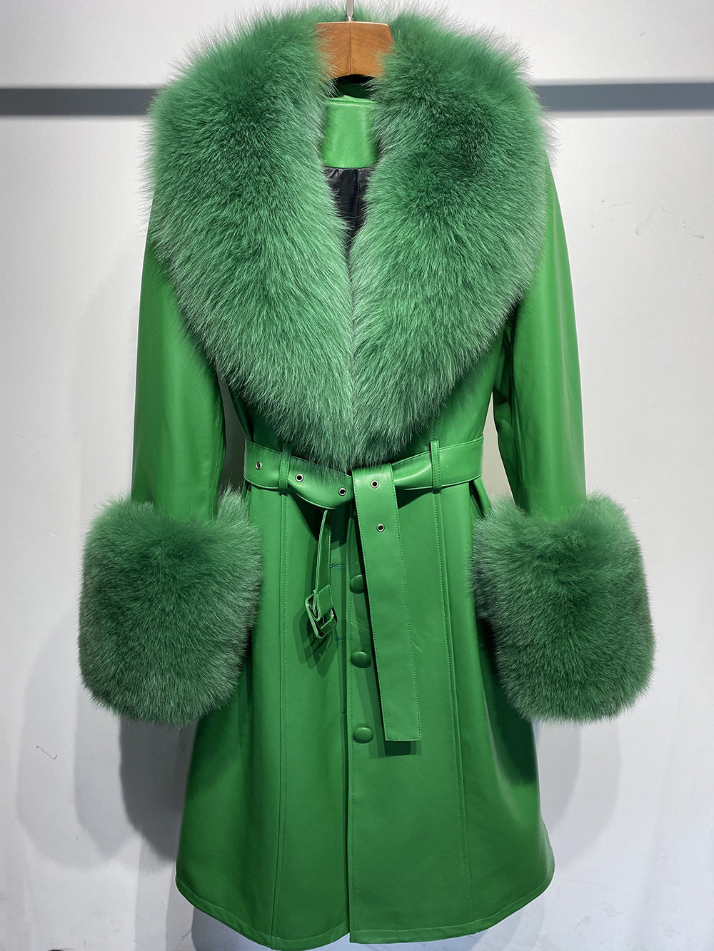 Slim-Fit Genuine Leather Sheepskin Coat with Fox Fur Collar