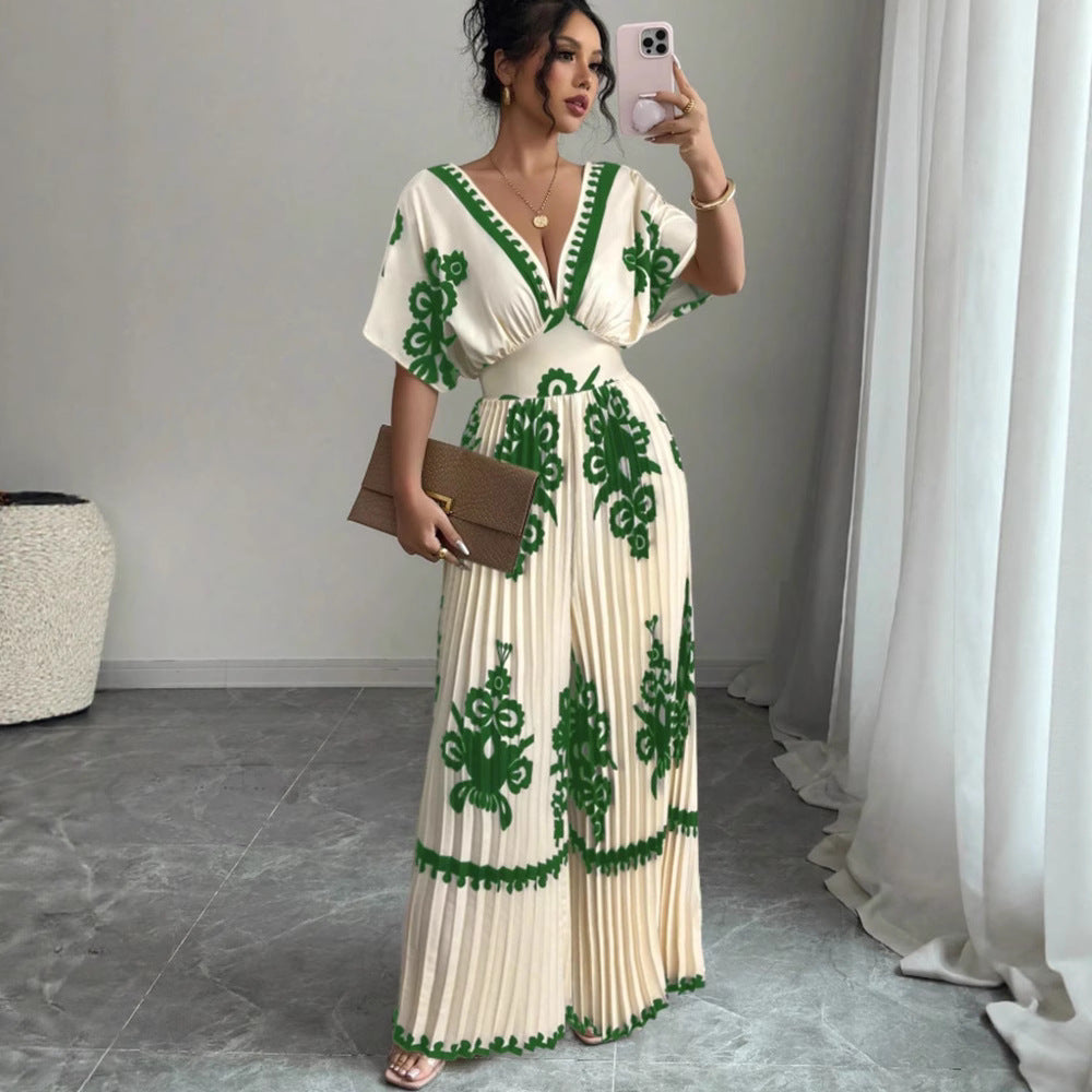 Casual Printed Pleated Loose Short-Sleeve Jumpsuit