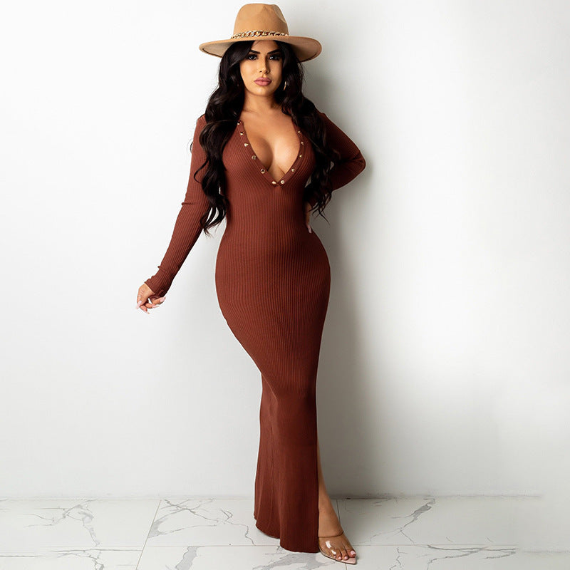 Backless Lapel Dress with Long Sleeves and Slit Midi Skirt