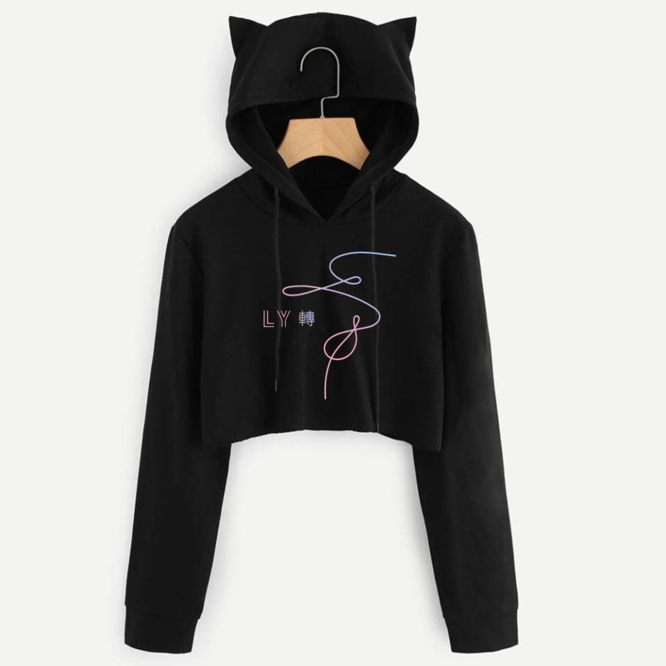 Slim Fit Black Printed Short Hoodie for Women