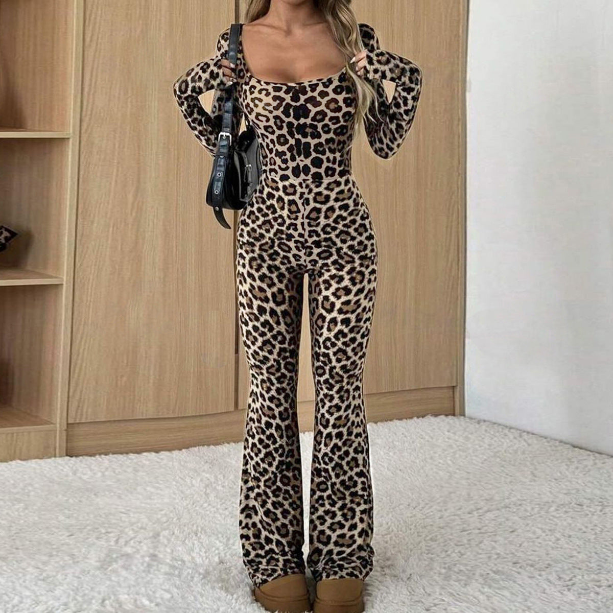 Women's Slim-Fit Leopard Print Square Collar Jumpsuit
