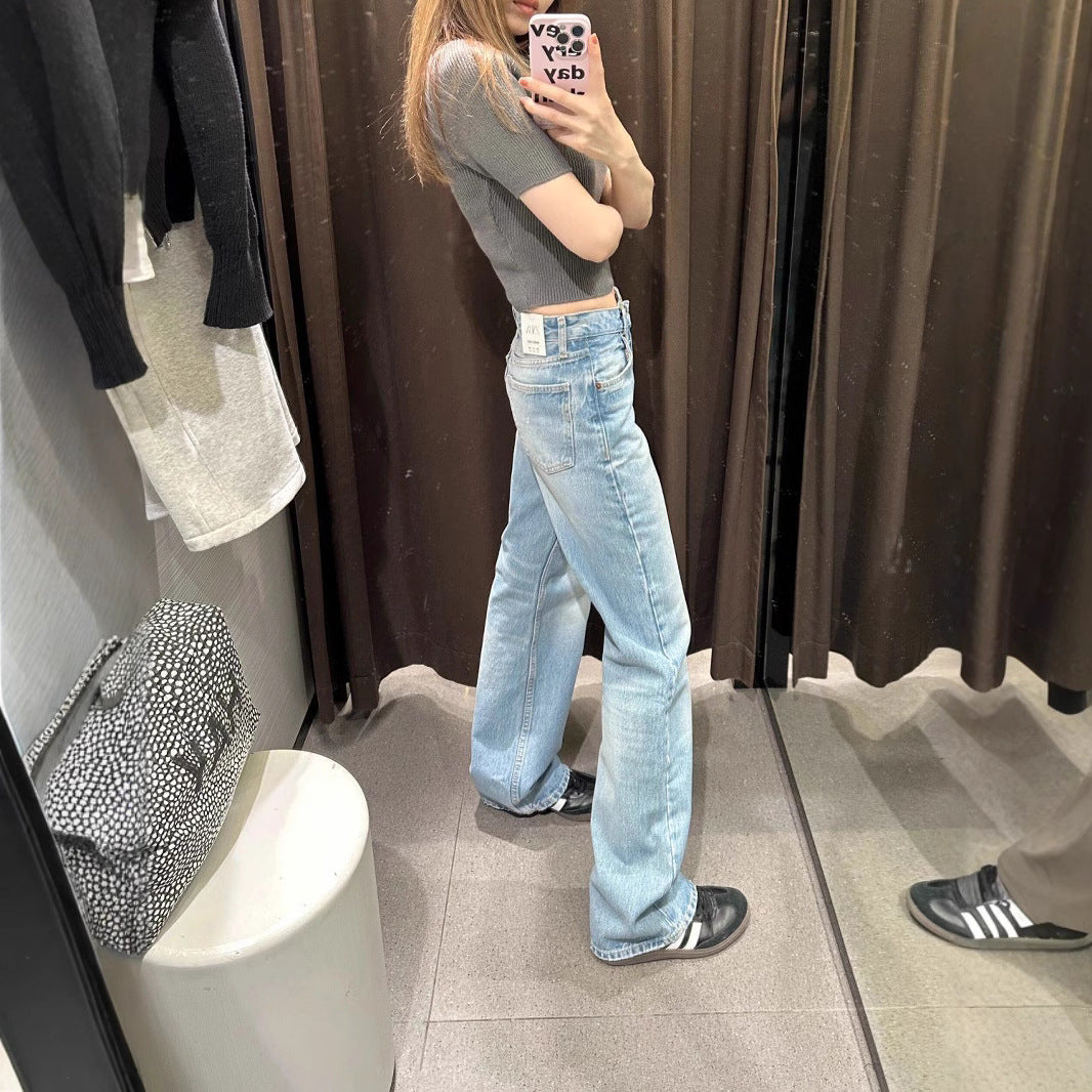 Plus Size High Waist Blue Washed Straight Jeans for Women Spring