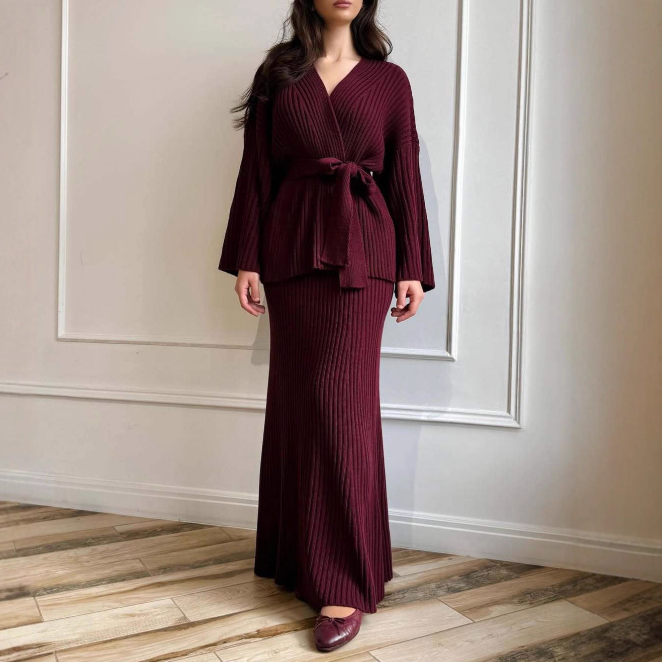 V-Neck Ribbed Sweater Knit Wrap Dress with Straight Skirt & Bow Tie