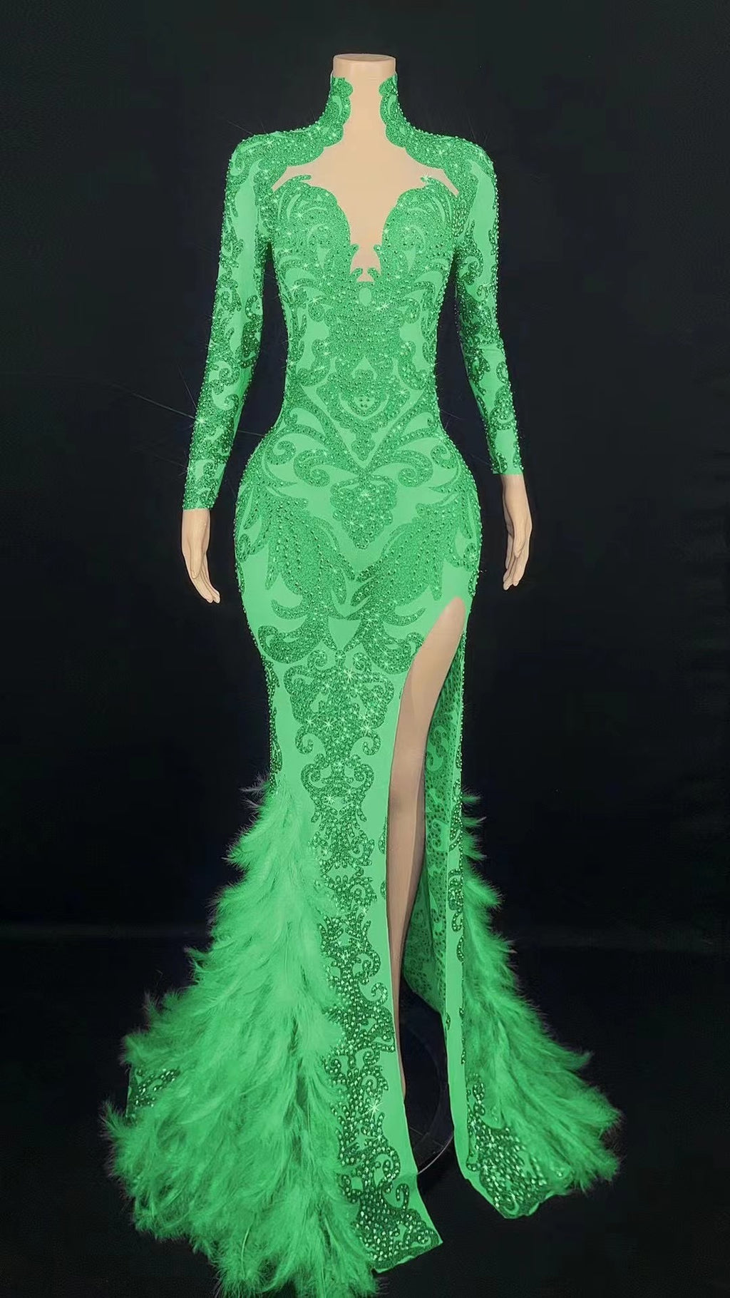 Women's Beaded Feather Long Tight Jumpsuit Dress