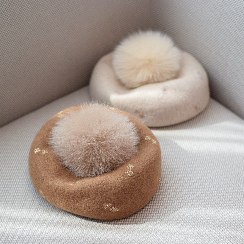 Women's Vintage Wool Dome Hat with Fox Fur Ball for Autumn Winter M 56-58cm