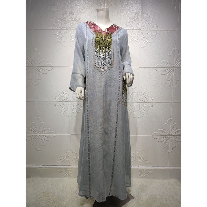 V-Neck Embroidered Sequin Arabian Women's Loose Dress