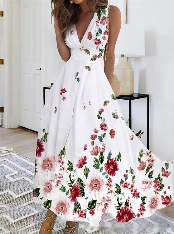 Spring Summer V-Neck Sleeveless Waist-Controlled A-Line Dress