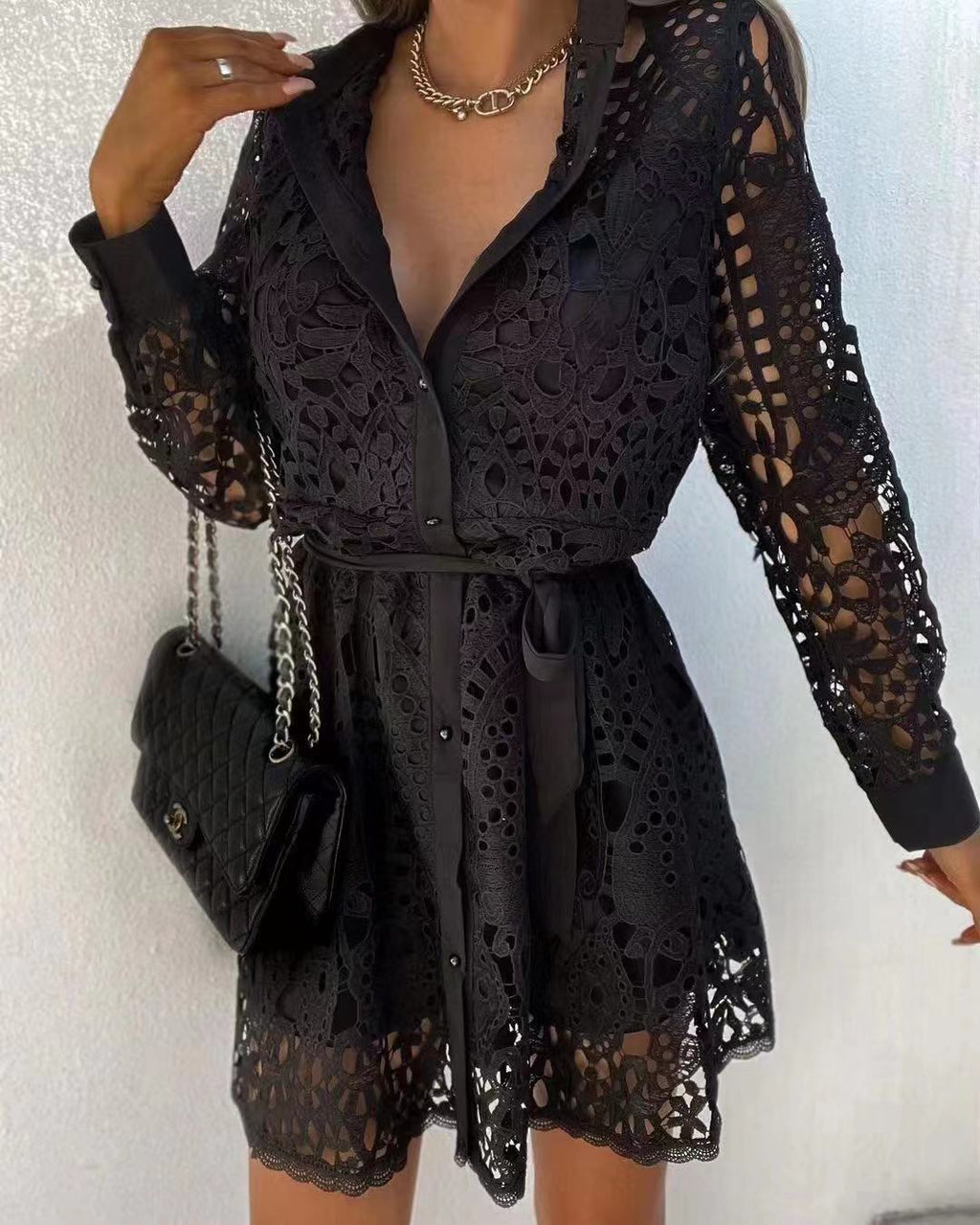 Elegant Temperament Lace Mini Dress with Belt