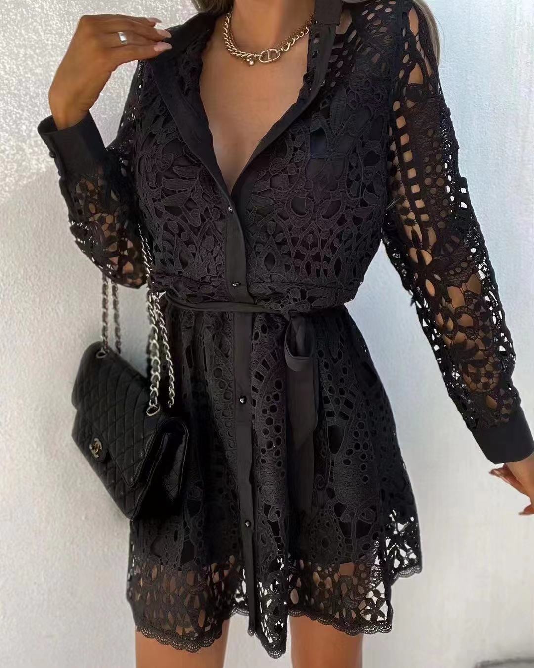 Elegant Temperament Lace Mini Dress with Belt