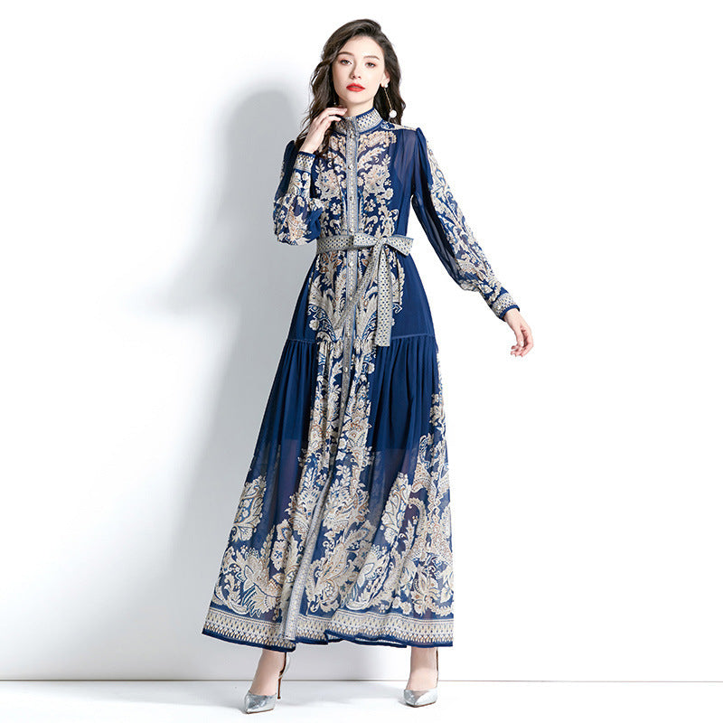 Muslim Women Long Sleeve Puff Sleeve Lace Print Dress with Stand-Up Collar