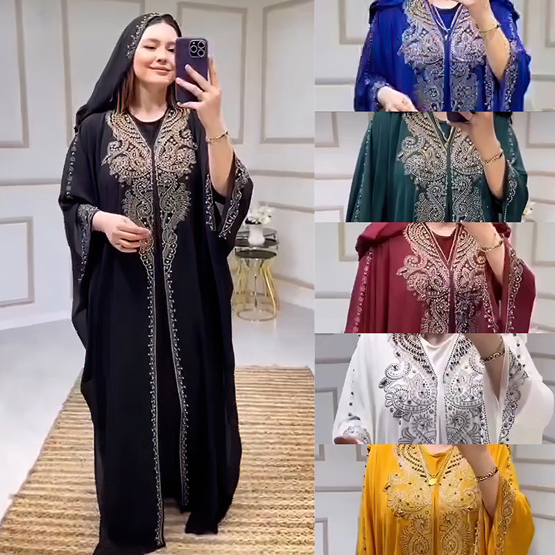 Rhinestone Beaded Muslim Hooded Long Gown Dress