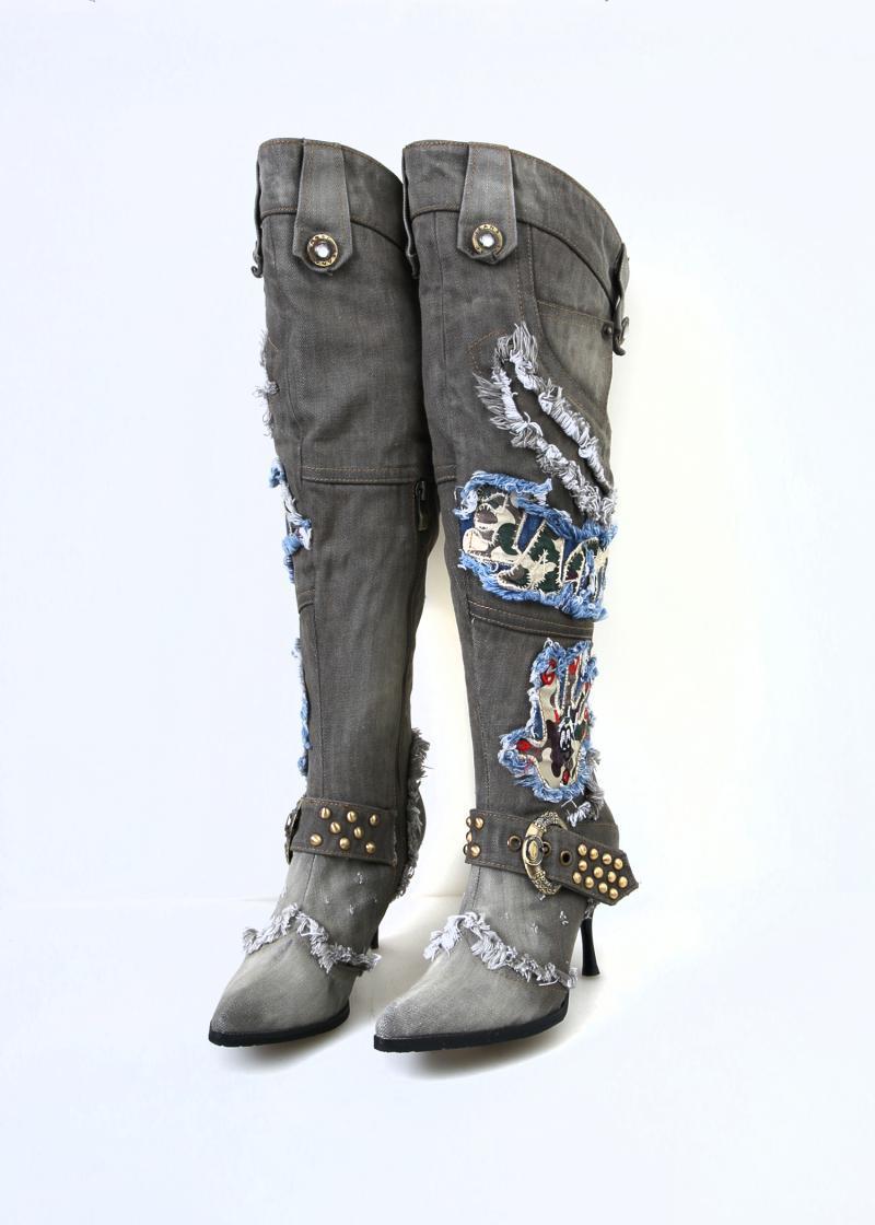 Bottes cuissardes en jean délavé à talons aiguilles pour femme