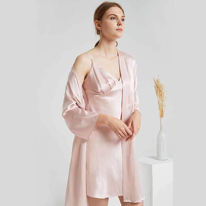 Silk Camisole Nightdress Two-Piece Set Light Apricot Pink M-XL