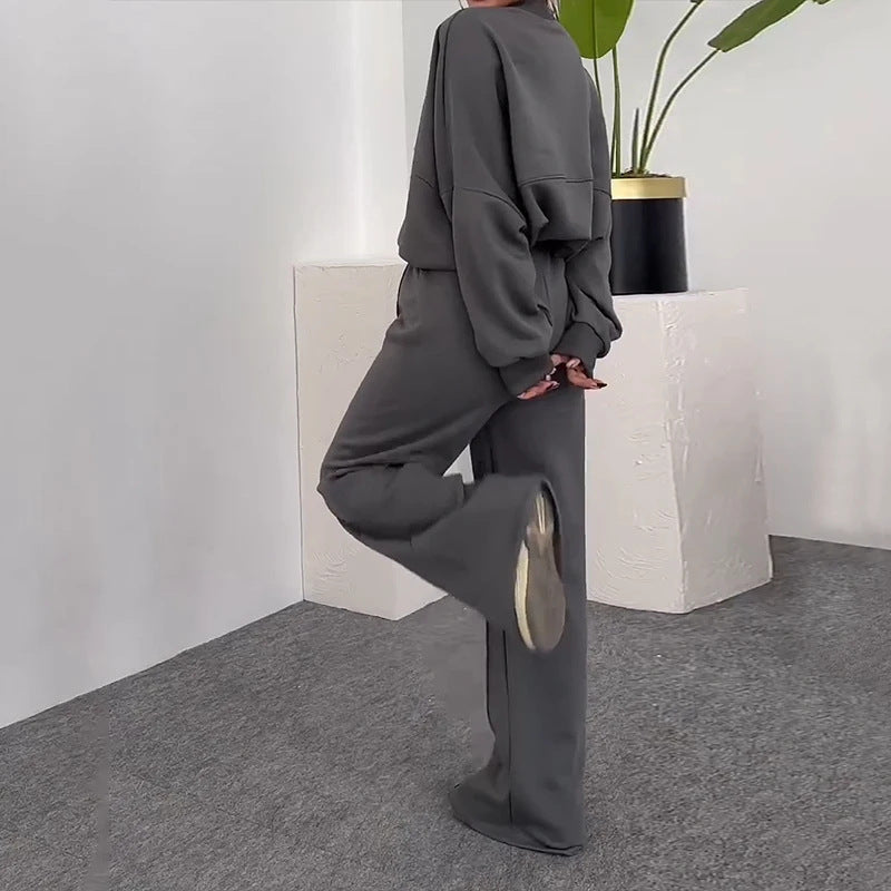 Solid Color Gray Polyester Zip Sweater & Casual Trousers Suit for Women