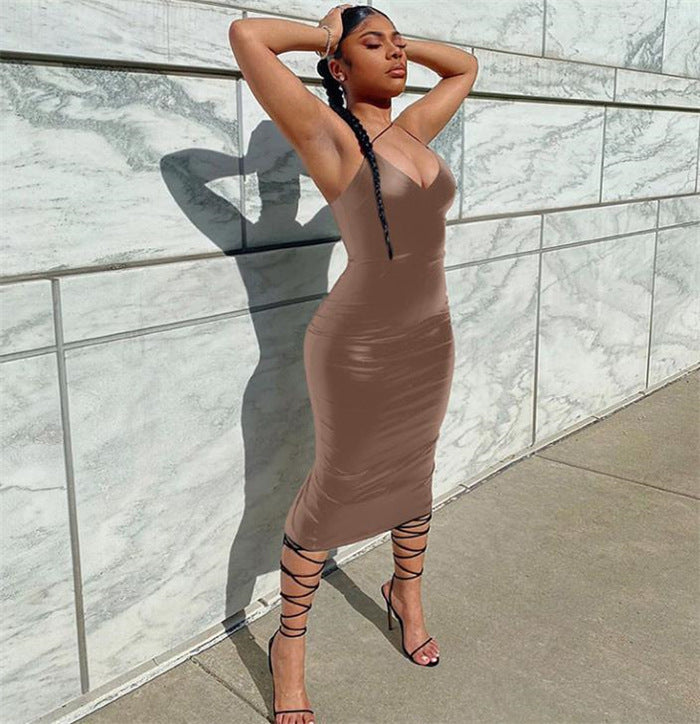 PU Leather V Neck Sling Dress with Slit Midi Skirt in Black & Brown S-XL