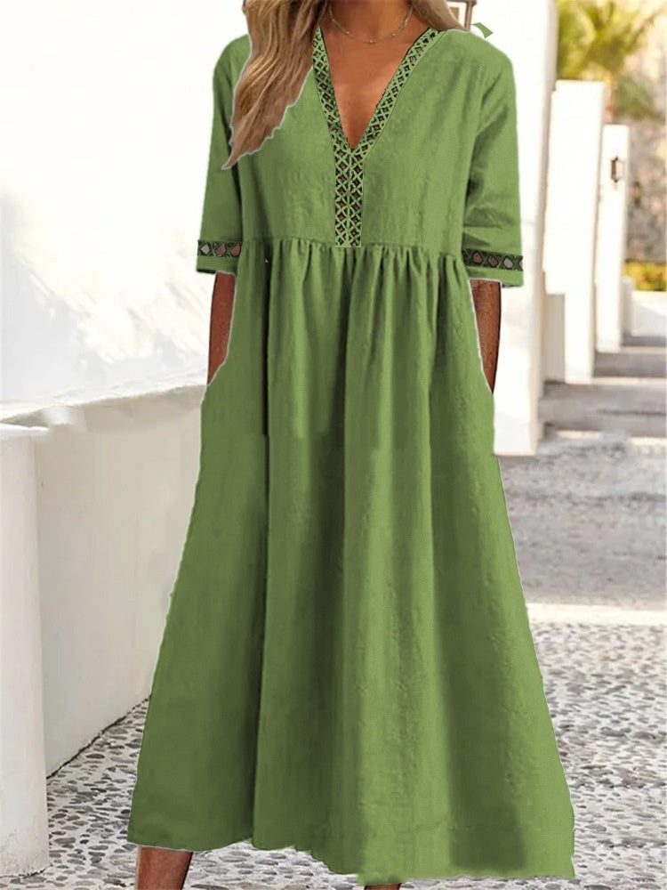Solid Color Short Sleeve Lace V-neck Tight Waist Dress