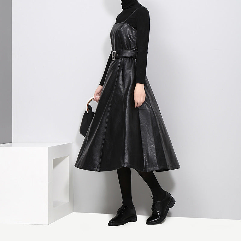 Leather Strap Skirt with Suspenders, Size Bust 88cm, Waist 70cm, Length 115cm