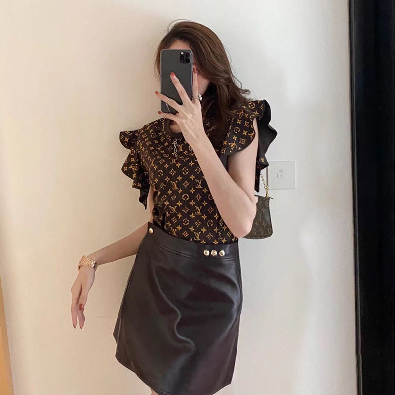 Jupe courte trapèze en cuir véritable pour femme, noire et lie-de-vin