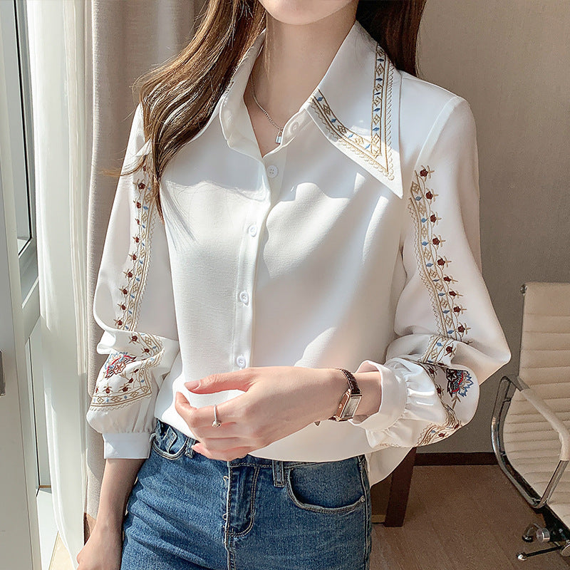 White Loose style Temperament Blouse, Women's Embroidered