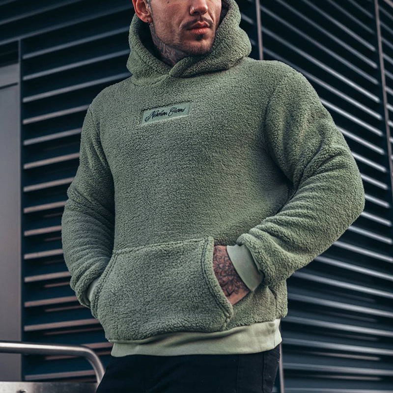Men's Plush Cotton Hoodie Pullover with Large Pocket Long Sleeve Solid Colors