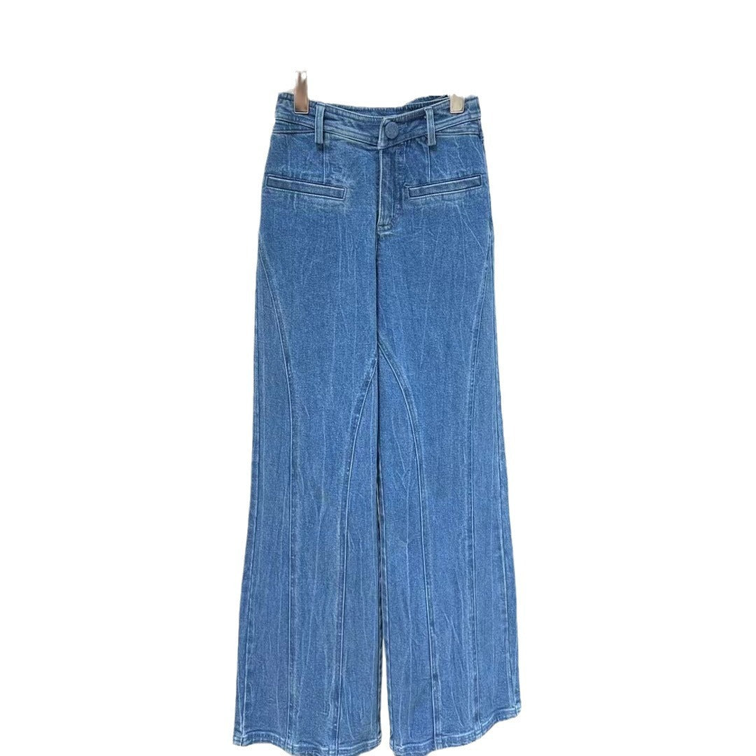 Women's Blue High Waist Cotton Jeans Wide-Leg Straight Trousers