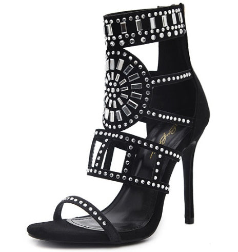 Rhinestone Suede High Heel Sandals with Back Zipper