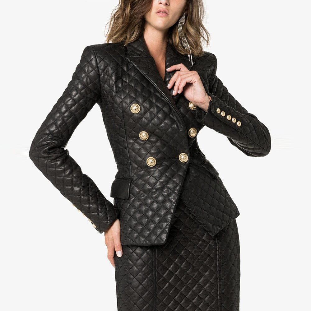 Slim-Fit Quilted PU Leather Blazer Jacket