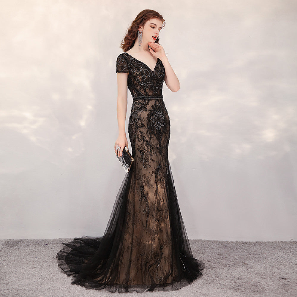 Atmospheric Korean Fishtail Long Dress with Zipper in Black Gold