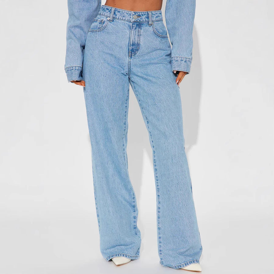 Jeans en coton taille haute coupe droite amincissant ample avec poche cœur