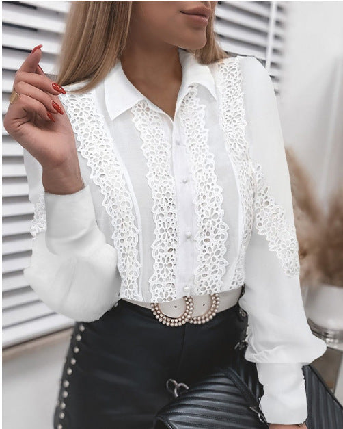 Chemisier Femme Coton Manches Longues Dentelle Coupe Ajustée Printemps