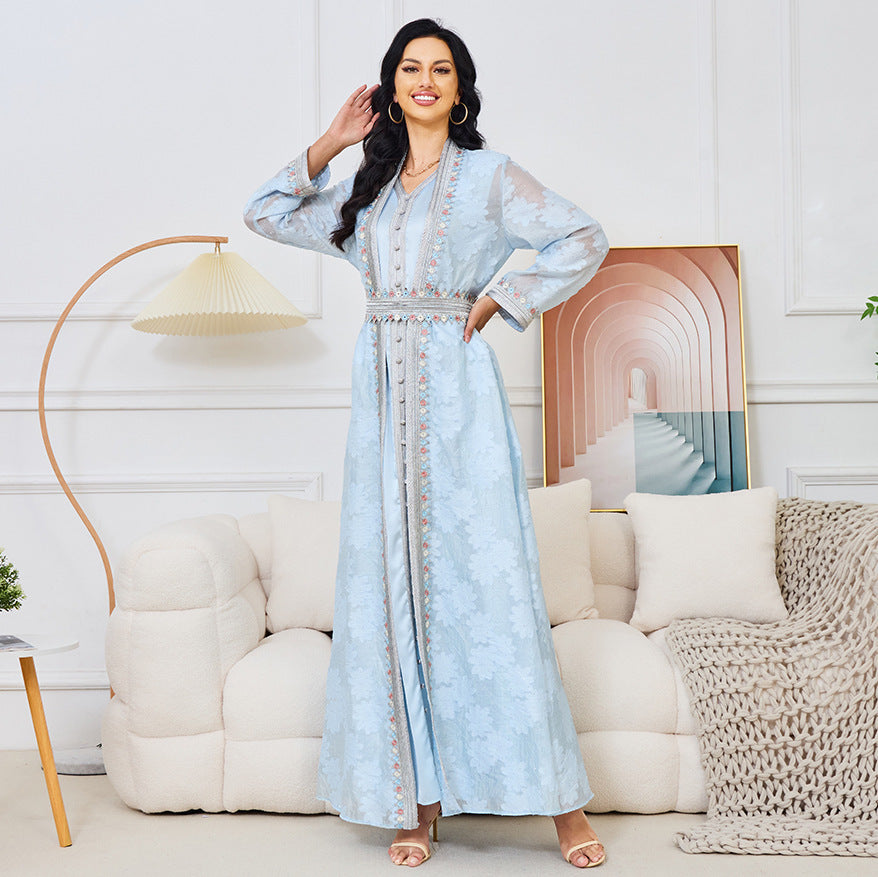 Middle East Women's Elegant Muslim Dress with Ruffles and Embroidery