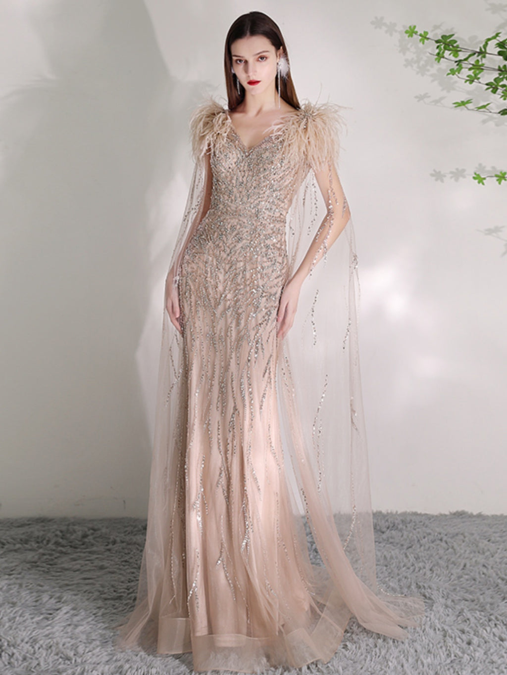 Summer Champagne Organza Deep V-Neck Dress with Zipper, XS-2XL