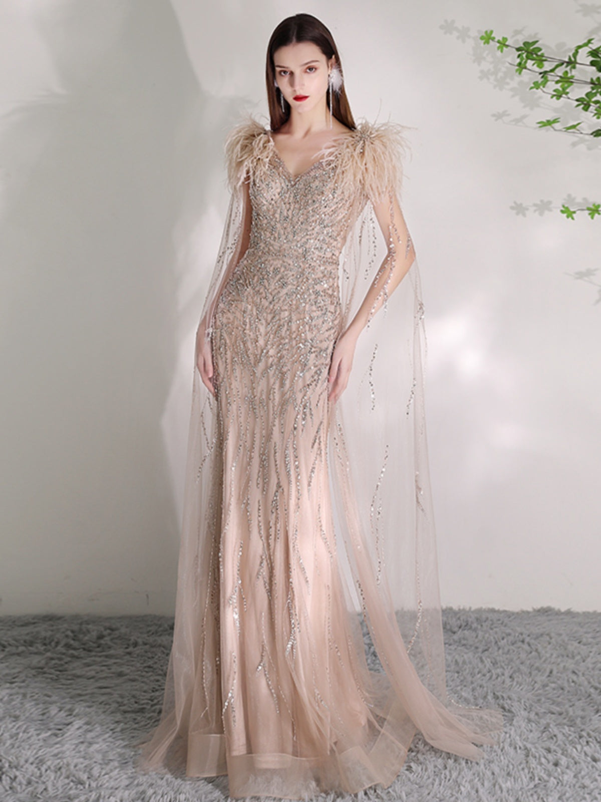 Summer Champagne Organza Deep V-Neck Dress with Zipper, XS-2XL