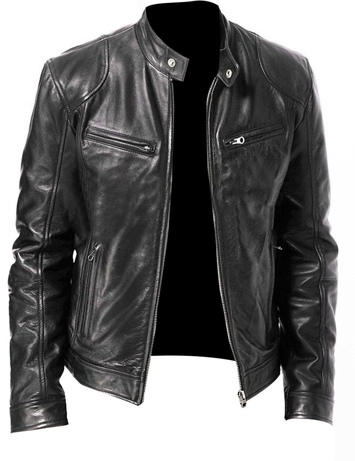 PU Leather Slim Fit Jacket in Khaki, Brown & Black, Sizes S-5XL