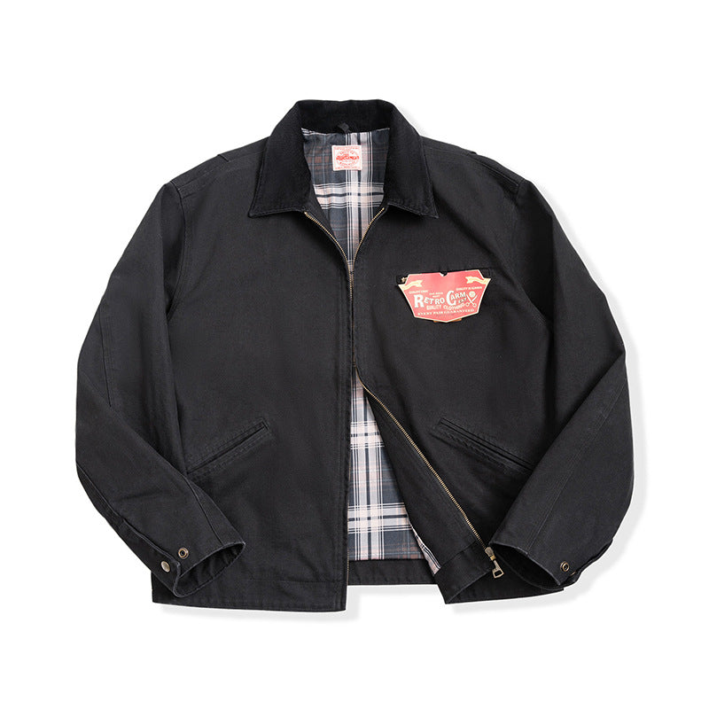 Manteau d'automne pour homme en toile de coton noire à col rabattu