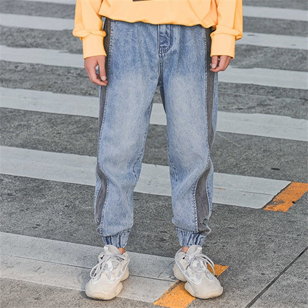 Jean crayon en coton bleu à empiècements M-2XL