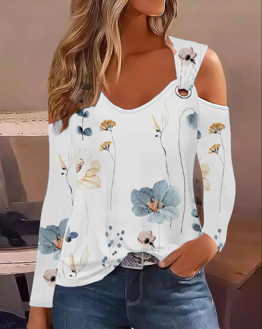 Simple Metal Buckle V-Neck Long Sleeve Shirt Polyester