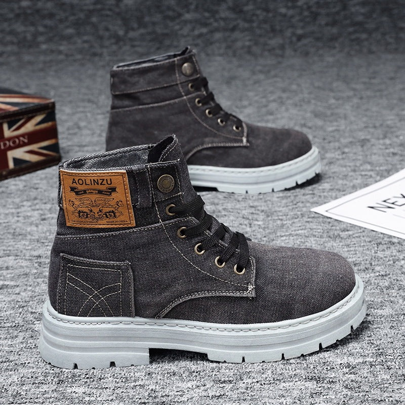 Chaussures de skate montantes en jean avec talon compensé bleu et noir