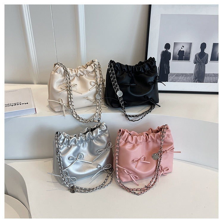 Pleated Design Crossbody Shoulder Bag in Black, White, Silver & Pink