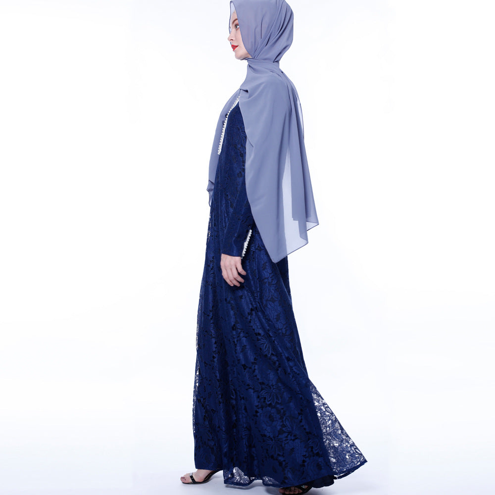 Arab Women's Summer Lace Muslim Dress Long Sleeve A-Line
