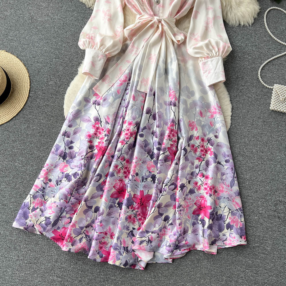 Stand Collar Stitching Floral Chiffon Dress