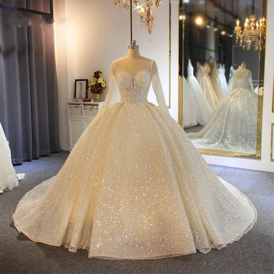 White Long Sleeve Round Neck High Waist Wedding Dress