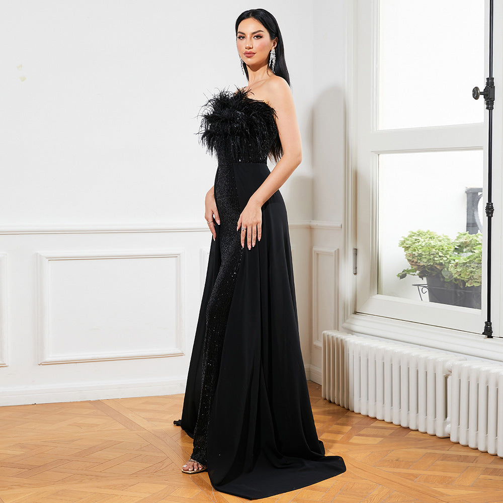 European & American Temperament Long Black Sequined Sleeveless Backless Evening Dress