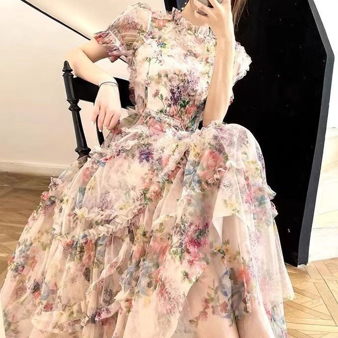 Women's Temperament Black French Floral Waist-Controlled Dress S-XL