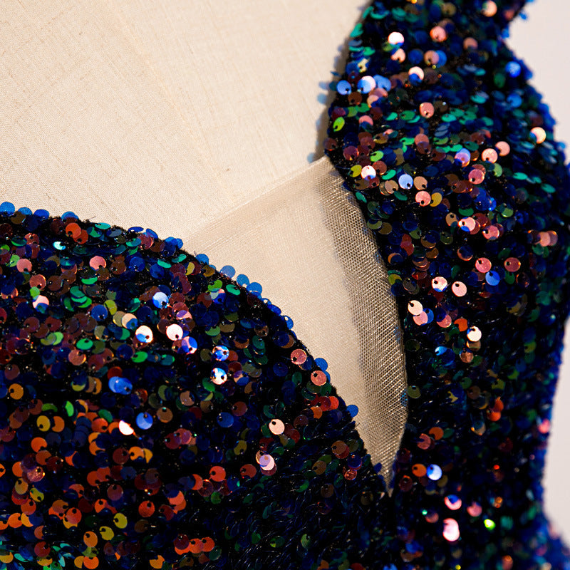 Navy Banquet Long Fishtail Sequined Dress with Trailing Skirt